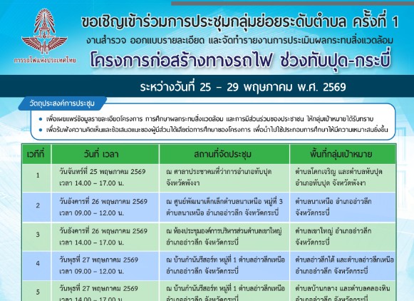 ขอเรียนเชิญเข้าร่วมการประชุมกลุ่มย่อยระดับตำบลครั้งที่ 1 งานสำรวจ ออกแบบรายละเอียดและจัดทำรายงานการประเมินผลกระทบสิ่งแวดล้อม โครงการก่อสร้างทางรถไฟ ช่วงทับปุด-กระบี่